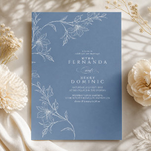 Convite Casamento Botânico Floral Azul Empoeirado