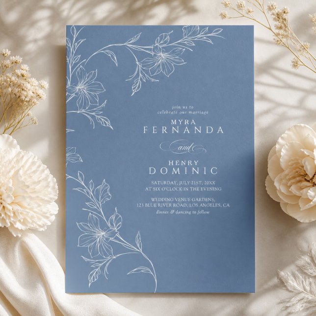 Convite Casamento Botânico Floral Azul Empoeirado (Criador carregado)