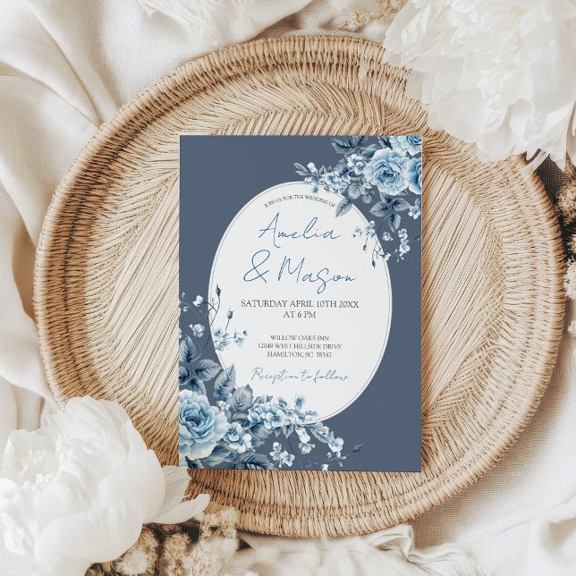 Convite Casamento Botânico Floral Azul Empoeirado Elegante (Dusty Blue Floral Botanical Elegant Wedding Invitation)
