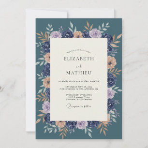 Convite Casamento Botânico Floral Azul Marinho