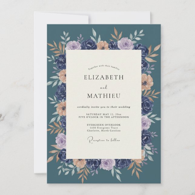 Convite Casamento Botânico Floral Azul Marinho (Frente)