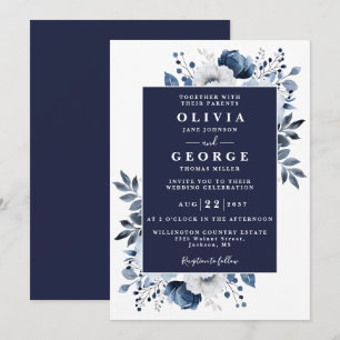 Convite Casamento Botânico Floral Azul Marinho Moderno