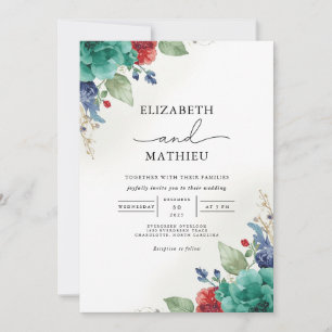 Convite Casamento Botânico Floral Azul Teal