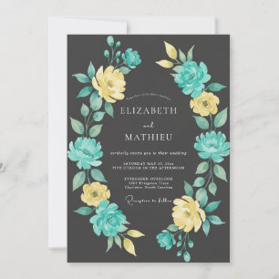Convite Casamento Botânico Floral Azul Verde Amarelo