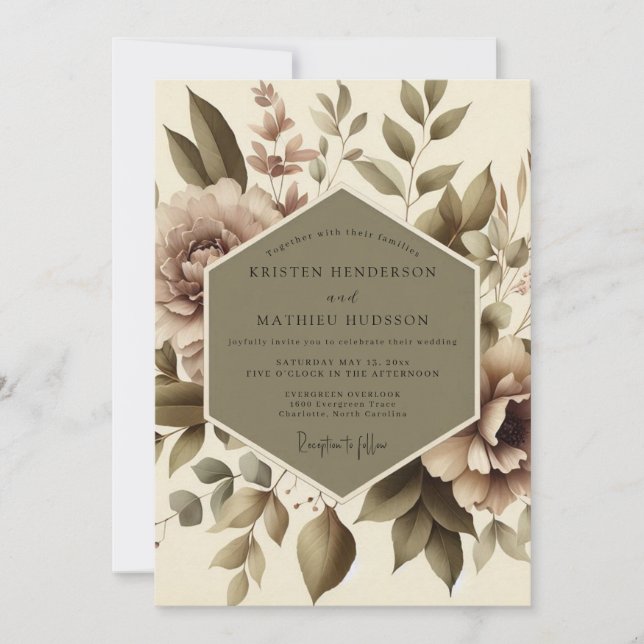 Convite Casamento Botânico Floral Bege (Frente)