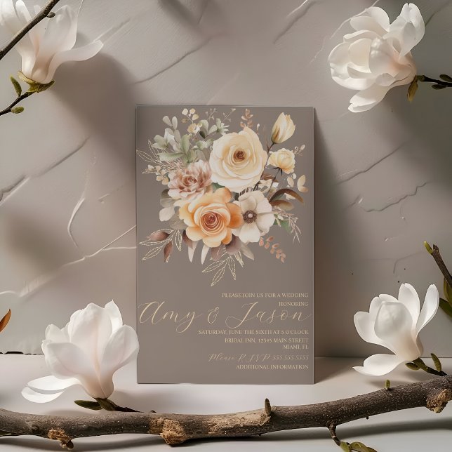 Convite Casamento Botânico Floral Bege Neutro  (Criador carregado)