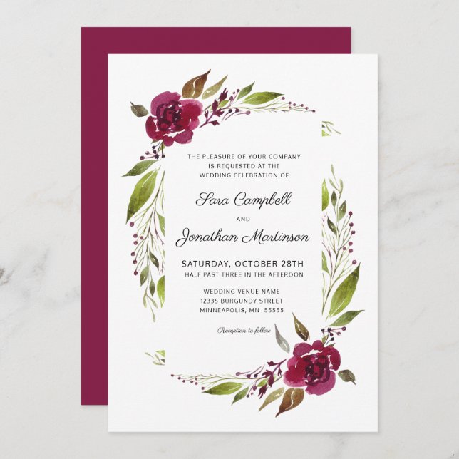 Convite Casamento Botânico Floral Burgundy (Frente/Verso)