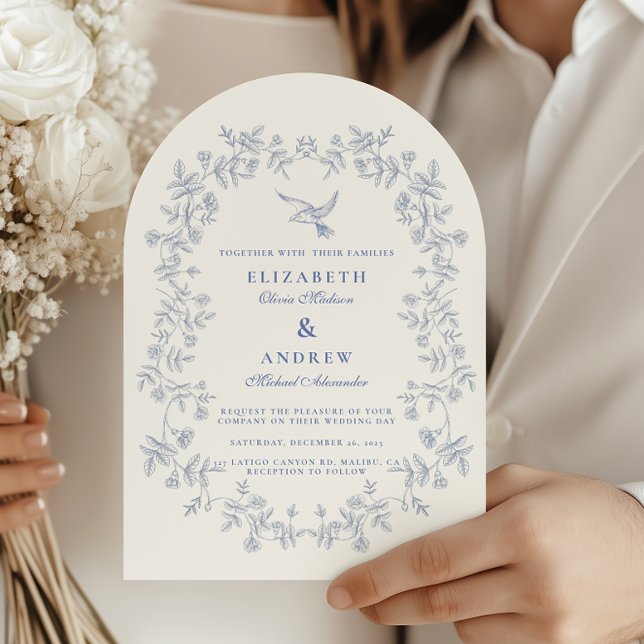Convite Casamento Botânico Floral Chinoiserie Azul (Criador carregado)