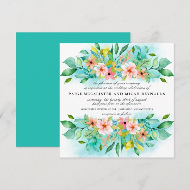 Convite Casamento Botânico Floral Cor-de-Rosa-Turquesa Azu (Frente/Verso)