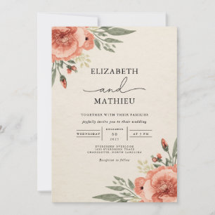 Convite Casamento Botânico Floral Coral Blush