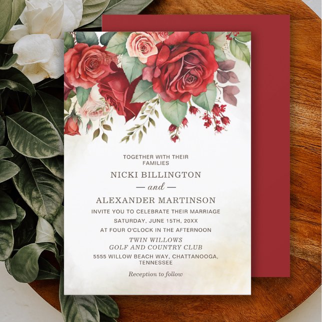 Convite Casamento Botânico Floral das Rosas vermelhas Vint (Vintage red roses floral botanical wedding invitation)