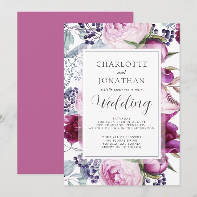 Convite Casamento Botânico Floral de Aquarela Elegante Inv (Frente/Verso)