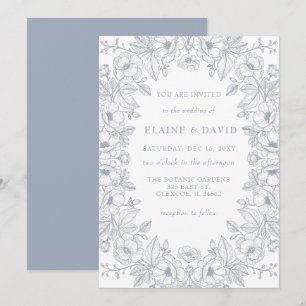 Convite Casamento Botânico Floral de Chinoiserie Azul Eleg
