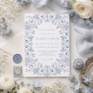 Convite Casamento Botânico Floral de Chinoiserie Azul Eleg