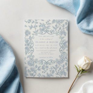 Convite Casamento Botânico Floral de Chinoiserie Azul Eleg