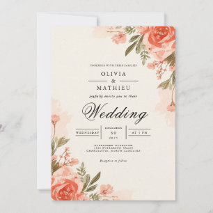 Convite Casamento Botânico Floral de Peach Coral