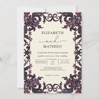 Convite Casamento Botânico Floral de Plum Gótico Profundo