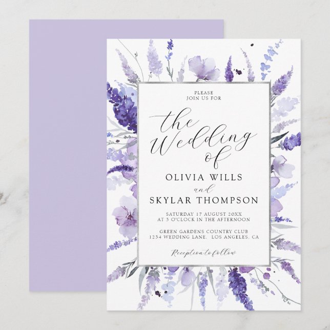 Convite Casamento Botânico Floral de Prata Roxa lavanda (Frente/Verso)