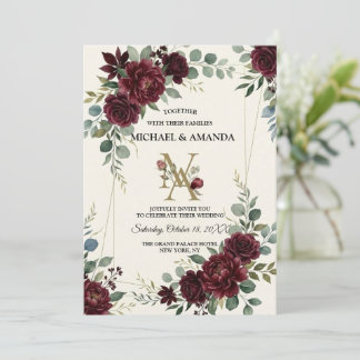 Convite Casamento Botânico Floral de Rosa Burgundy Elegant