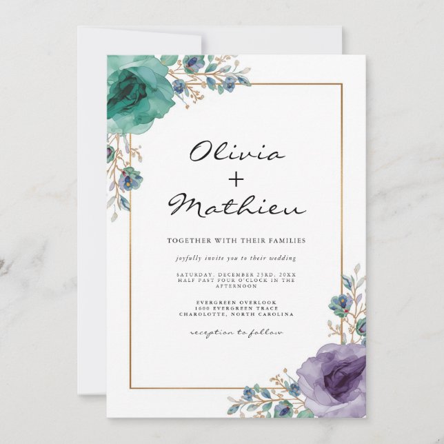 Convite Casamento Botânico Floral de Teal Emerald (Frente)