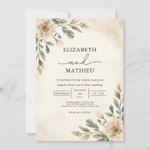 Convite Casamento Botânico Floral do Elegante Beige