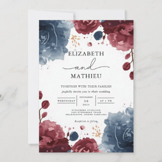 Convite Casamento Botânico Floral do Marinho Burgundy Eleg