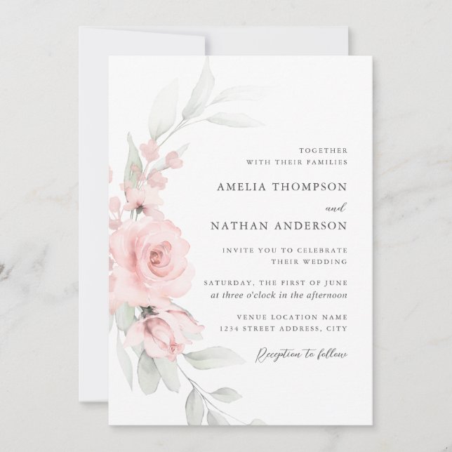 Convite Casamento Botânico Floral Elegante com Rubor Rosa (Frente)