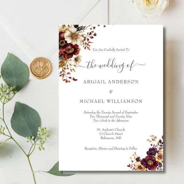 Convite Casamento Botânico Floral Elegante Dourado Borgonh (Burgundy gold watercolor floral elegant wedding invitation. Printed or Digital download)