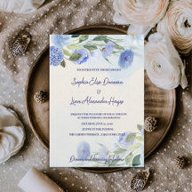 Casamento Botânico Floral em Aquarela Azul Desbota