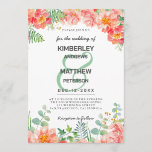 Convite Casamento botânico floral em aquarela rosa coral