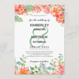 Convite Casamento botânico floral em aquarela rosa coral