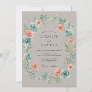 Convite Casamento Botânico Floral em Bege e Azul Verde