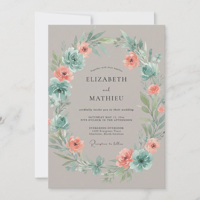 Convite Casamento Botânico Floral em Bege e Azul Verde (Frente)