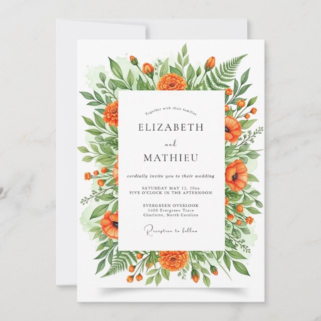 Convite Casamento Botânico Floral Laranja (Frente)