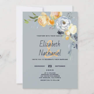 Convite Casamento botânico floral laranja azul branco