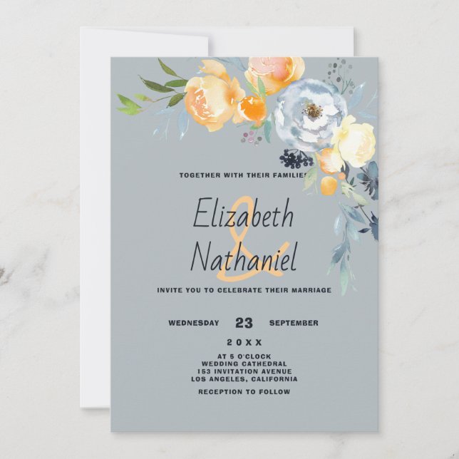 Convite Casamento botânico floral laranja azul branco  (Frente)