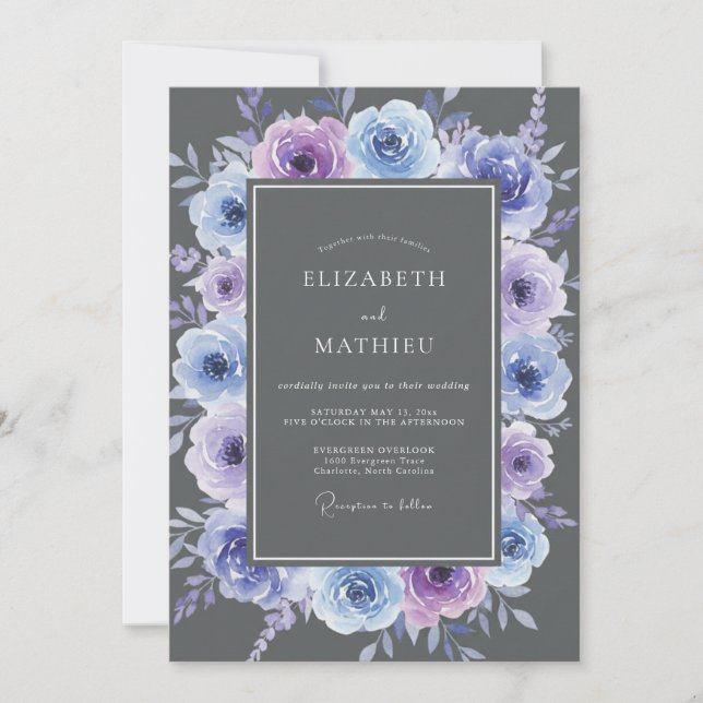 Convite Casamento Botânico Floral Lavanda Azul (Frente)