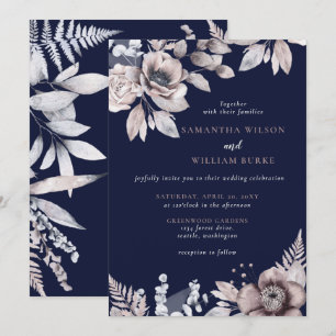Convite Casamento Botânico Floral Mauve Marinho Russo