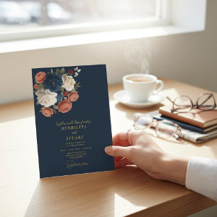 Convite Casamento Botânico Floral Navy Tudo-em-Um