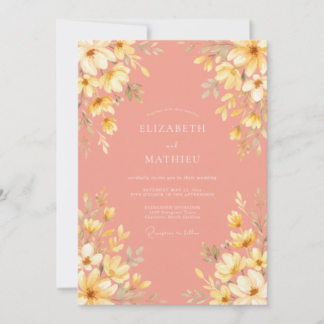 Convite Casamento Botânico Floral Pêssego (Frente)