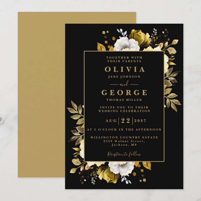 Convite Casamento Botânico Floral Preto e Dourado Moderno (Frente/Verso)