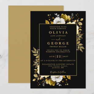 Convite Casamento Botânico Floral Preto e Dourado Moderno