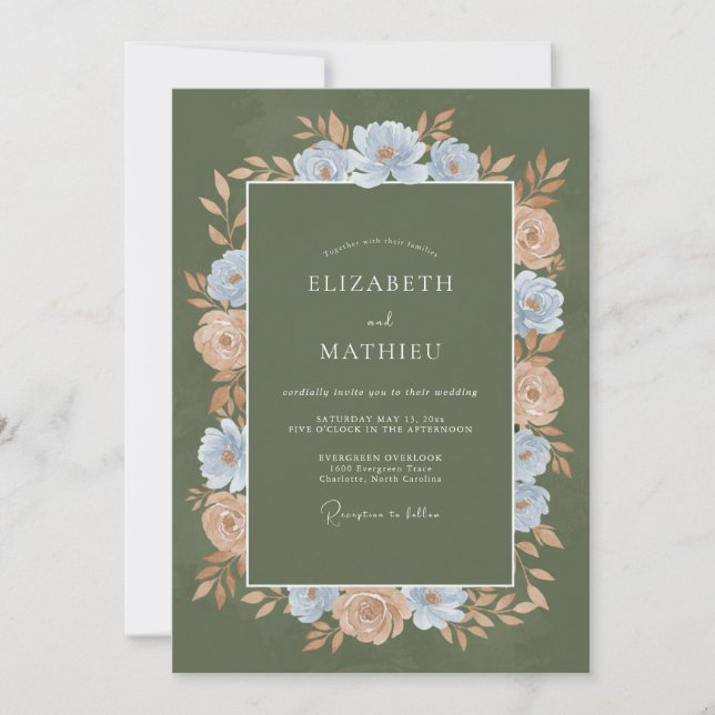 Convite Casamento Botânico Floral Romântico em Sage (Frente)
