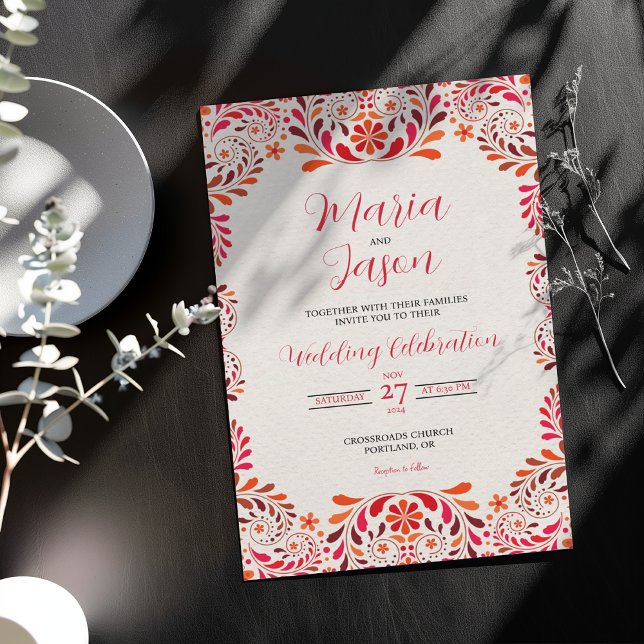 Convite Casamento Botânico Floral Romântico Rosa Vermelho  (Mexican Red Pink Floral Botanical Romantic Wedding Invitation)