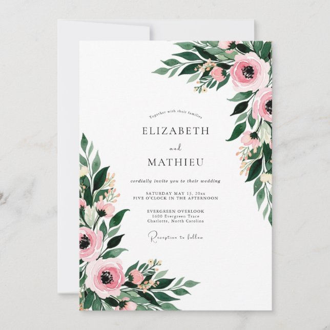 Convite Casamento Botânico Floral Rosa (Frente)