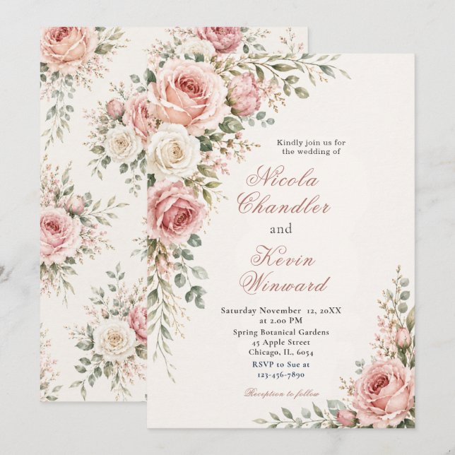 Convite Casamento Botânico Floral Rosa Bege (Frente/Verso)