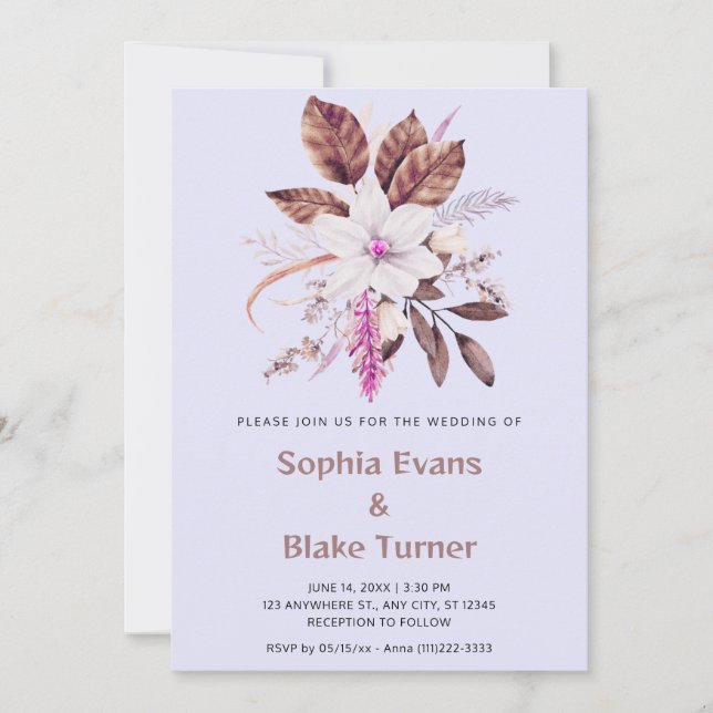 Convite Casamento Botânico Floral Rosa e Marrom Lavanda (Frente)