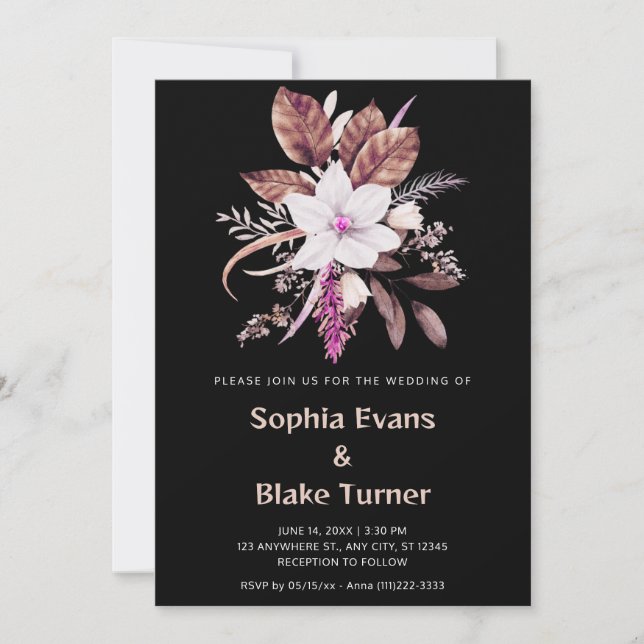 Convite Casamento Botânico Floral Rosa e Marrom Preto (Frente)
