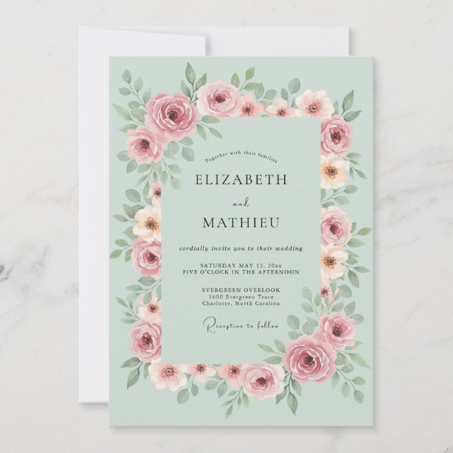 Convite Casamento Botânico Floral Rosa Empoeirado (Frente)