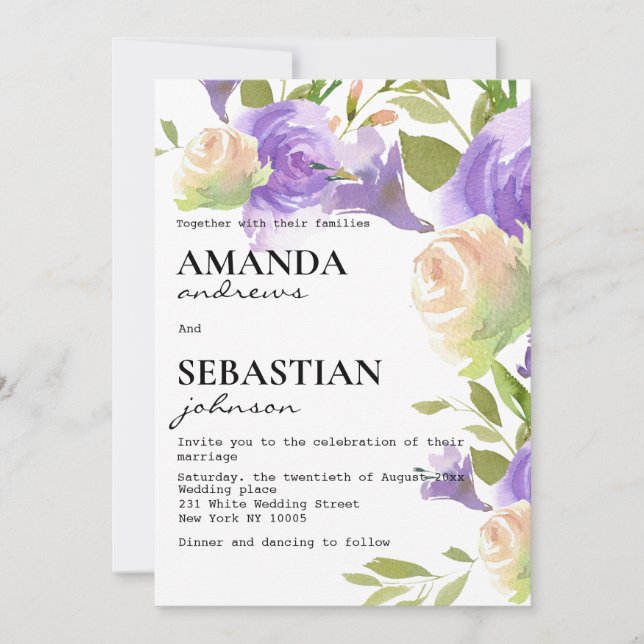 Convite Casamento botânico floral rosa lavanda verde menta (Frente)